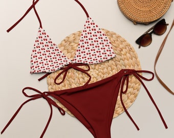 RETRO CHERRY BIKINI - Retro Triangle Bikini - Vintage String Bikini Set With Cherries On Top - Cherry Bikini - Vintage Plus Size Bikini