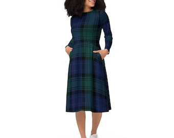 Black Watch Dress - Long Sleeve Midi Dress With Pockets - Blue Plaid Dress - Plus Size Dress - Christmas Dress - Plaid Fit And Flare Dress