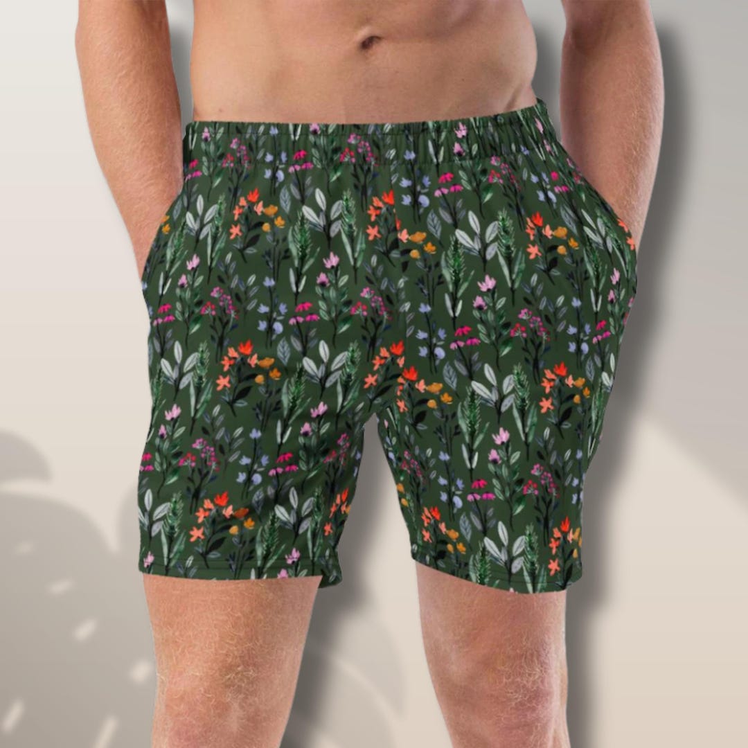 Floral Swim Trunks: Cottagecore, Whimsical, Mens Swimwear, Dark