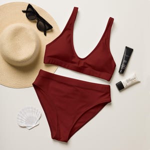 Cherry Red Bikini: Retro Red High Waist Bikini Set, Elegant Made To Order Swimwear