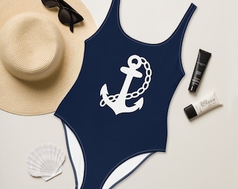 Nautical Swimsuit - Navy One Piece Swimsuit With Anchor - Anchor Swimsuit - Plus Size - Elegant Swimsuit - Nautic Swimwear - Dark Blue Swim