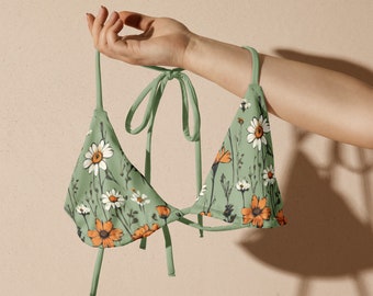 Sage Boho Bikini Top - Sage Green Triangle Bikini Top With Sage Green Lining And Strings - Bohemian String Bikini Top - Padded Bikini Top