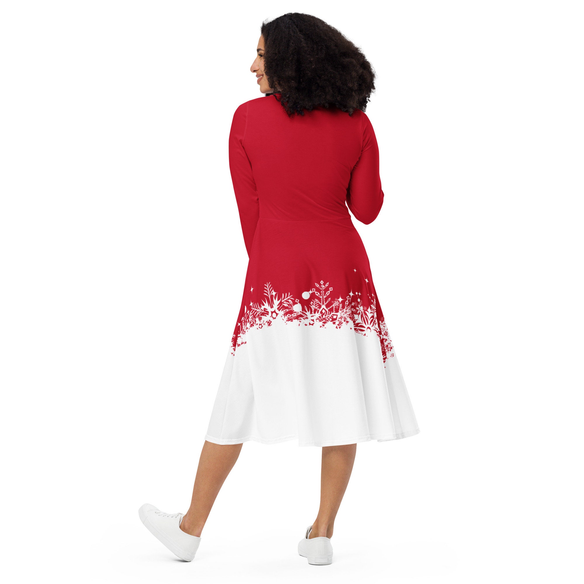 RED WHITE CHRISTMAS Dress Red Long Sleeve Midi Dress With Snowflakes