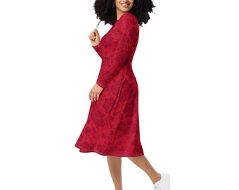 FLORAL CHRISTMAS DRESS - Red Long Sleeve Midi Dress With Roses - Festive Red Dress - Winter Party Dress - Plus Size New Years Dress 2XS-6XL