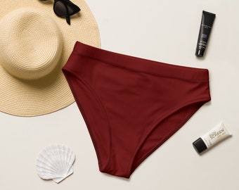 Cherry Bikini Bottom - Cherry Red High Waisted Bikini Bottoms - Recycled Bikini Separates - Darker Red Bikini Pants - Plus Size Bikini Pants