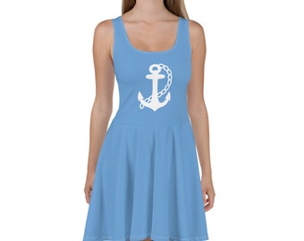 ICE BLUE ANCHOR Skater Dress - Blue Beach Dress - Ice Blue Skater Dress - Summer Dress - Sleeveless Dress - Anchor - Blue Nautical Dress