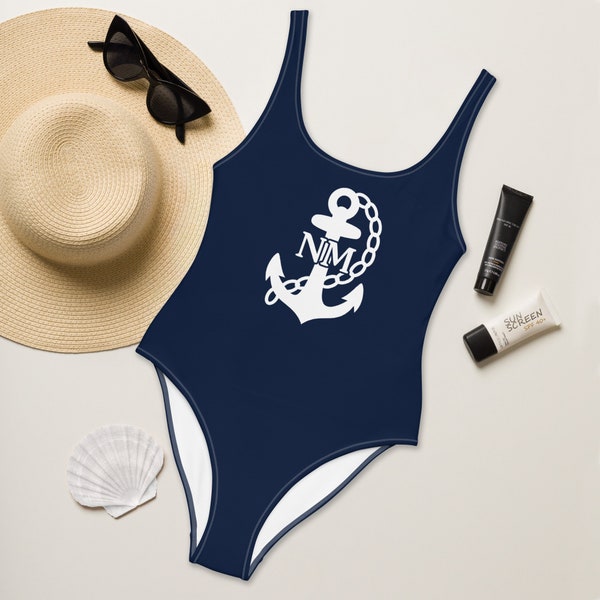 MONOGRAMMED NAUTICAL SWIMSUIT - Navy Blue One Piece Swimsuit With White Anchor And Custom Initials - Nautic Swimsuit - Personalized Swimsuit