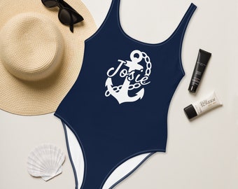 PERSONALIZED NAUTIC SWIMSUIT - Nautical Swimsuit With Custom Name - Name Swimsuit - Nautical Pool Party - Nautical Bachelorette - Navy Swim