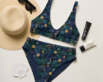 PLAID FLORAL BIKINI - Black Watch Plaid Bikini With Watercolor Flowers - Blackwatch Plaid High Waisted Bikini - Blue Plaid Bikini - Green