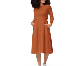 ROBE ORANGE BRLÉ - Robe midi orange brûlé pour femme avec poches - Robe d'automne - Robe de Thanksgiving - Robe d'Halloween - Robe à manches longues