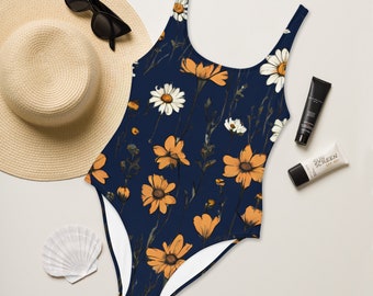 NAVY MEADOW SWIMSUIT - Navy Blue One Piece Swimsuit With Boho Floral Print - Bohemian Swimsuit - Navy Floral Swimsuit - Cottagecore Swimwear