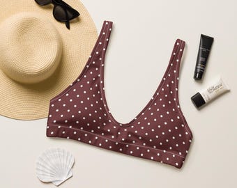 Auburn Polka Dot Bikini Top: Brown With White Dots, Solid Color Lining, Removable Padding