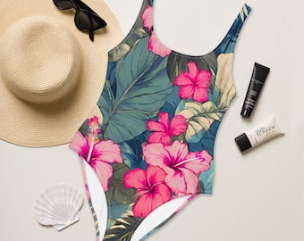 TROPICAL SWIMSUIT - Vintage Exotic Swimsuit - Pink Hibiscus Swimsuit - Hawaiian Swimwear - Pink Floral Swimsuit - Monstera Leaves Swimwear