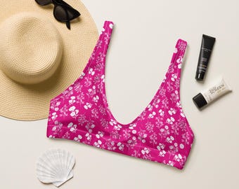 Top de bikini con estampado floral rosa neón - Top de bikini acolchado reciclado - Top de bikini de talla grande - Sujetador de bikini - Top de bikini para surfear - Conjuntos de bikini rosas
