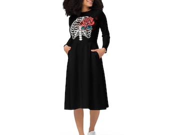 HALLOWEEN DRESS - Skeleton Dress - Women Skeleton Costume - Rib Cage Dress - Floral Halloween Dress - Plus Size Floral Halloween Midi Dress