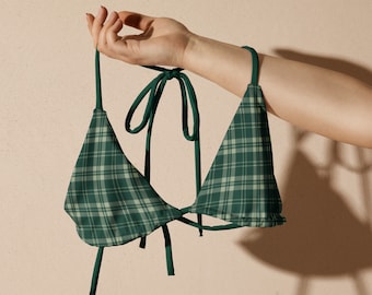 Green Plaid Bikini Top - British Racing Green And Sage Green Plaid Pattern Bikini Top - Triangle Bikini Top - String Bikini Top - Swimwear