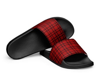 MENS PLAID SLIDES - Diapositives imperméables à carreaux rouges pour hommes avec semelles noires - Noël sur la plage - Noël d’été - Pantoufles de Noël pour hommes