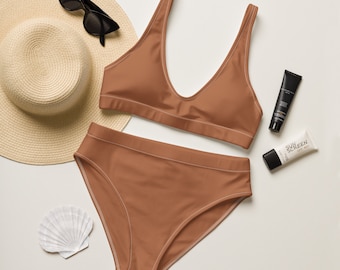 TAN BROWN BIKINI - Tan Bikini Set - Rich Brown Bikini - High Waisted Bikini - Eco Friendly - Recycled - Plus Size Bikini Set - Athletic Swim