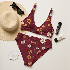 Burgundy Bohemian Bikini: Dark Red, Meadow Flowers, Retro Floral Pattern, Burgundy Lining, 1970s Fashion Style