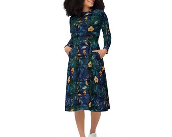 PLAID FLORAL DRESS - Black Watch Plaid Long Sleeve Midi Dress With Watercolor Flowers - Blue Floral Dress - Party Dress - Floral Midi Dress