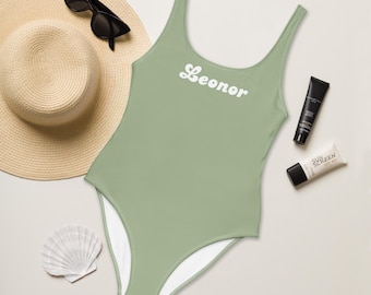 Personalized Swimsuit - Sage Green Swimsuit With Custom Name Or Text - Bride Swimsuit - Bachelorette Swimsuit - Custom Cruise Swimwear