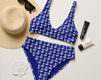 BLUE NAUTICAL BIKINI - Bold Blue High Waisted Bikini Set With Anchor Pattern - Anchors Bikini - Nautical Swimwear - Pool Party - Bold Color