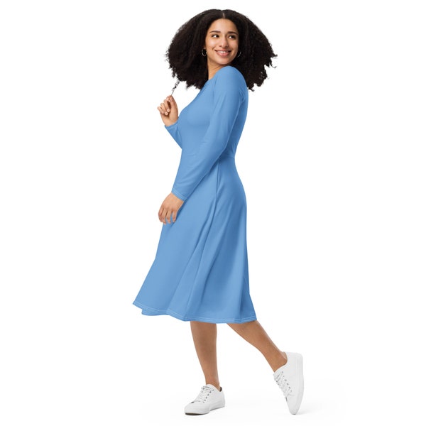 ICE BLUE DRESS - Long Sleeve Midi Dress - Casual Bridesmaid Dress - Blue Dress - Casual Dress With Pockets - Plus Size Dress - Winter Dress