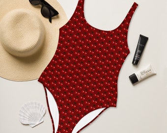 CHERRY PATTERN SWIMSUIT - Cherry Red One Piece Swimsuit With Cherries - Cherry Print Swimwear - Fruit Swimsuit - Cherry Red Swim - Plus Size