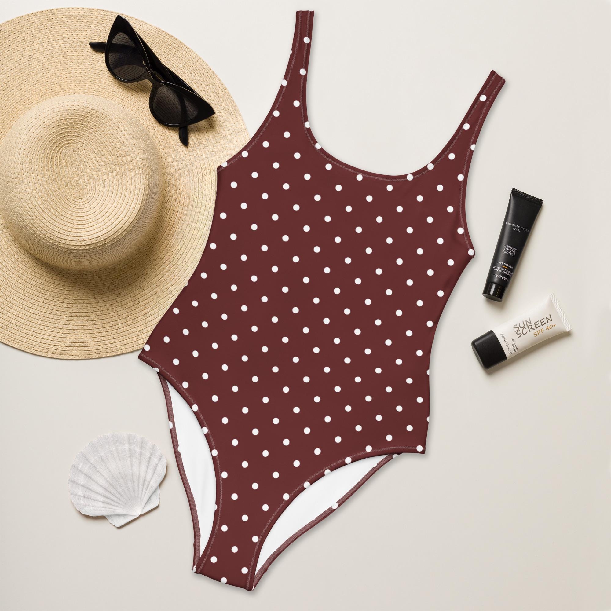 Polka Dot Swimsuit: Auburn Brown, White Dots, Elegant Style, Made