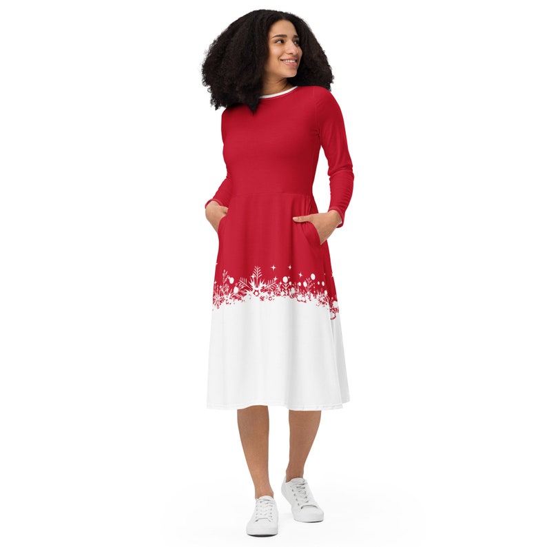 RED WHITE CHRISTMAS Dress Red Long Sleeve Midi Dress With Snowflakes