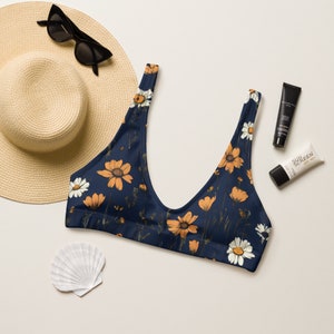 Bohemian Bikini Top: Navy, Dark Blue Lining, Boho Chic Swim Separates, Retro Floral Swimwear, Vintage Beachwear