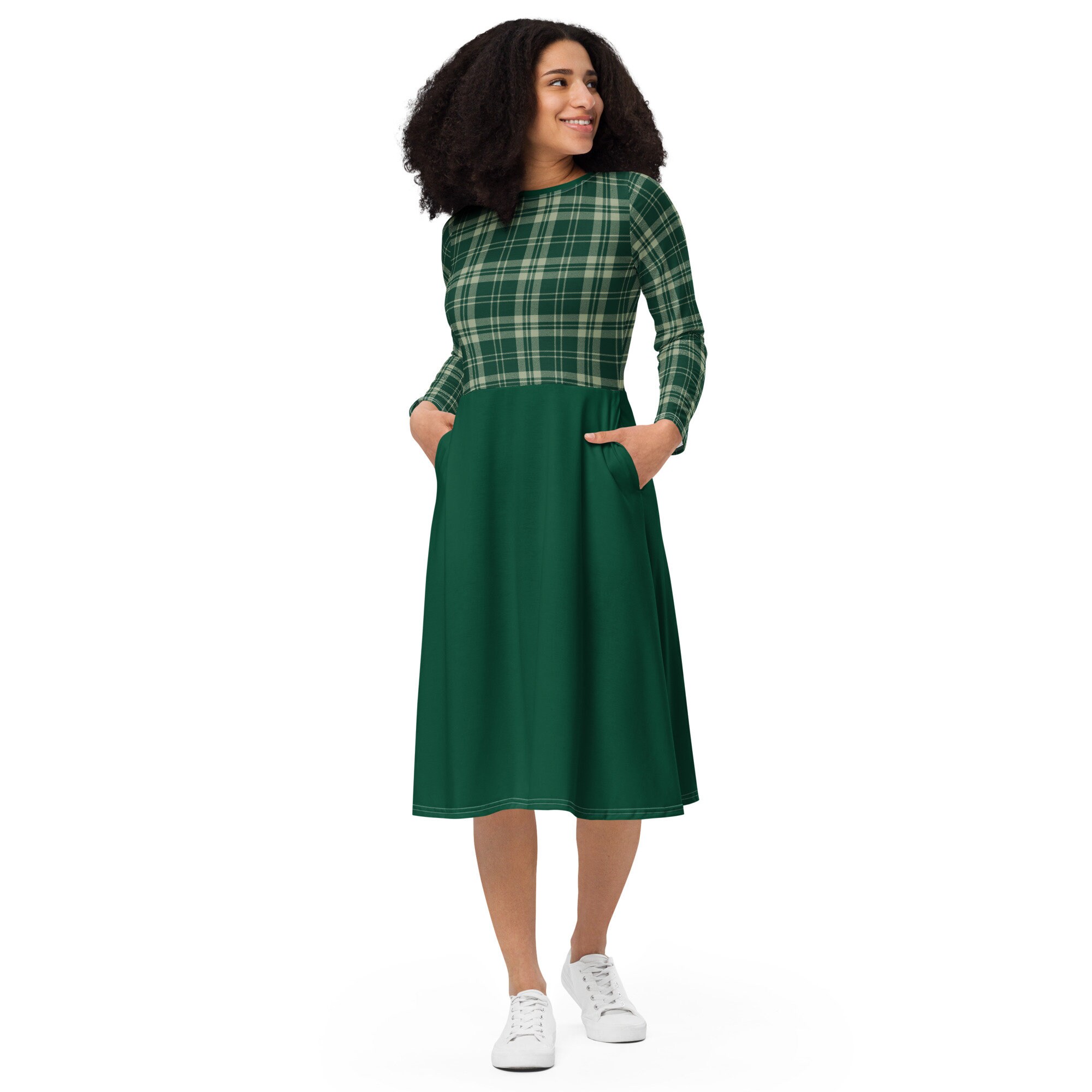 Green Plaid Midi Dress: Long Sleeve British Racing Green Gingham Green Plaid Midi Dress: Long Sleeve British Racing Green Gingham