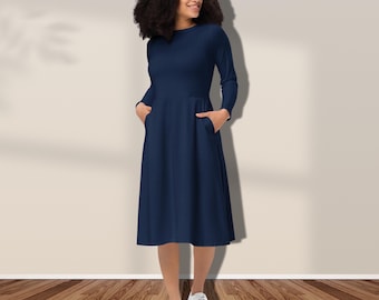 Navy Blue Long Sleeve Midi Dress Navy Blue Wool Blend Midi Dress  Handmade Fit  Flare Winter