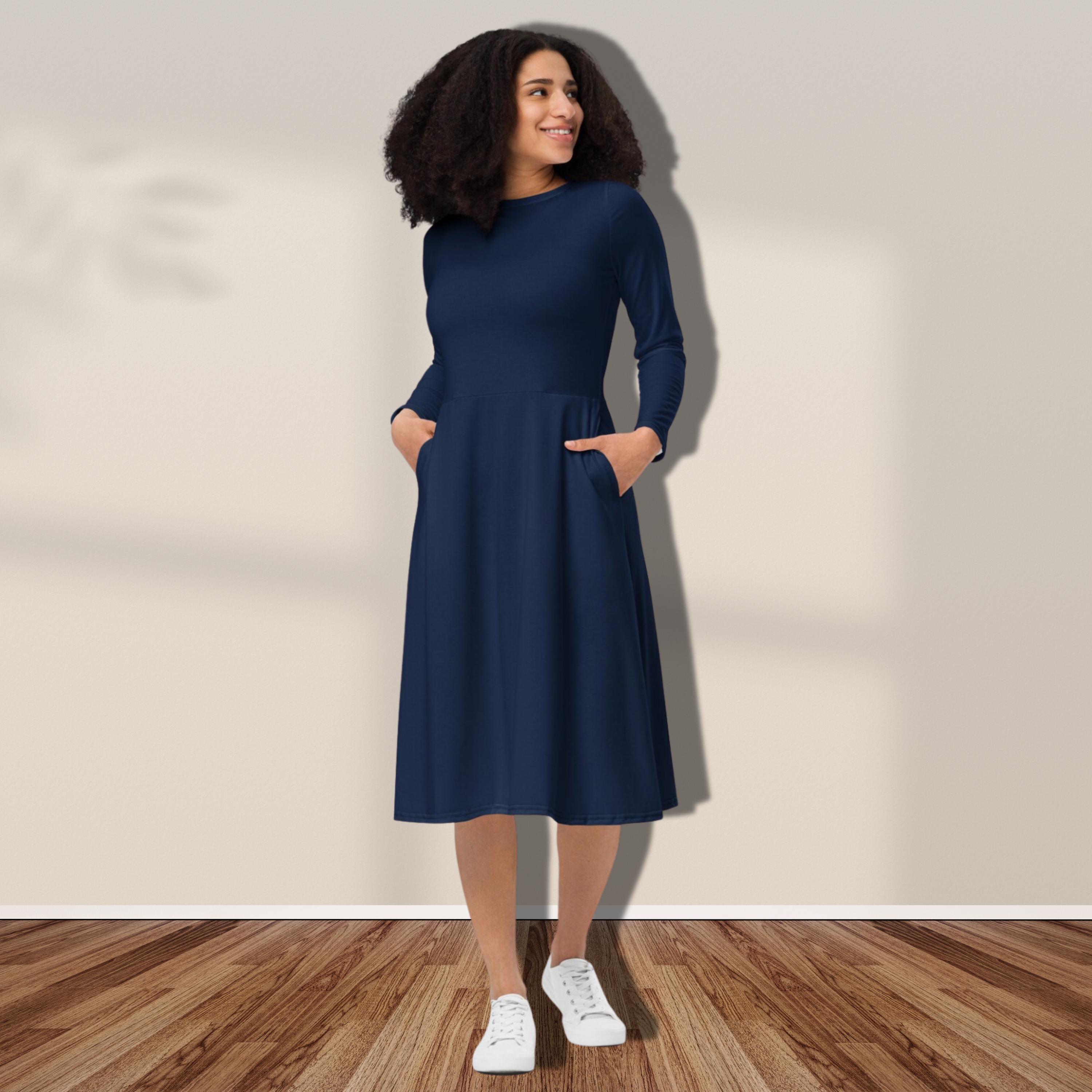 Navy Midi Dress: Long Sleeve, Boat Neckline, Plus Size