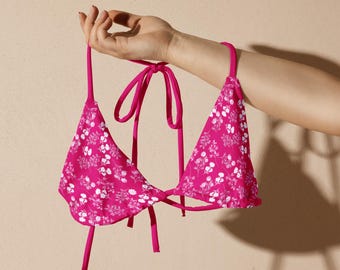 Top de bikini con estampado floral rosa neón - Top de bikini con tiras rosa neón con flores blancas - Top de bikini triangular divertido - Top de bikini con lazo - Conjuntos de bikini