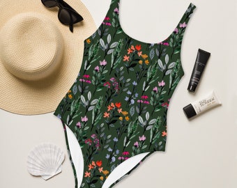 GREEN FLORAL SWIMSUIT - Myrtle Green One Piece Swimsuit With Watercolor Floral Pattern - Dark Green Moody Swimsuit - Green Swimwear - Lined