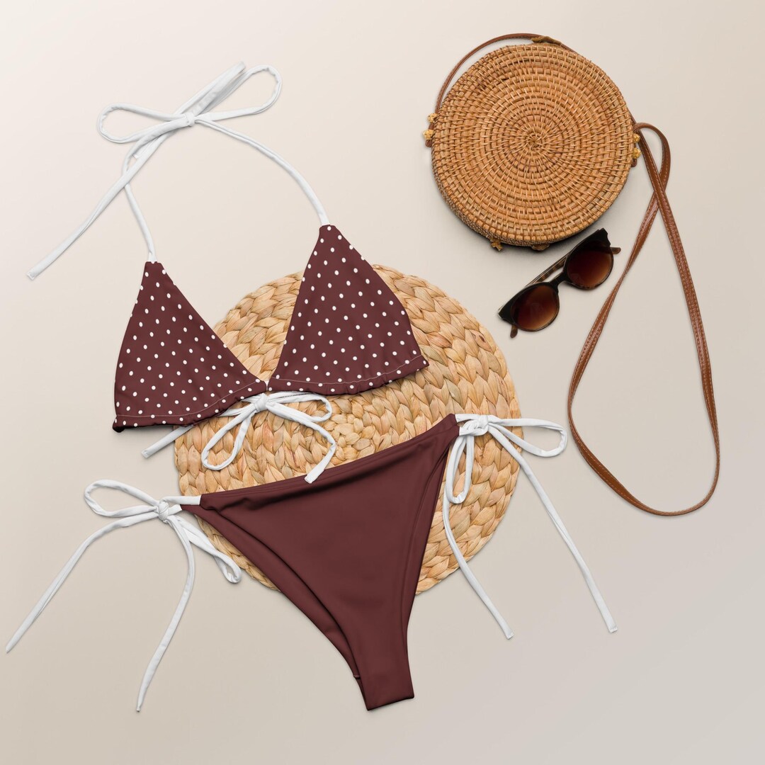 Clever String Unique Auburn Brown Bikini: White Strings, Top With White Dots, Polka ...
