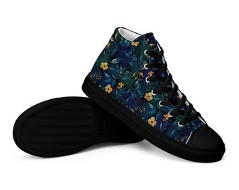 WOMENS FLORAL HIGHTOPS - Womens High Top Canvas Shoes In Black Watch Plaid With Watercolor Flowers - Black Sole High Tops - Womens Sneakers