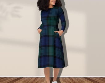 knee length dresses for ladies Plaid Mock Neck Long Sleeve Midi Dress main image 0