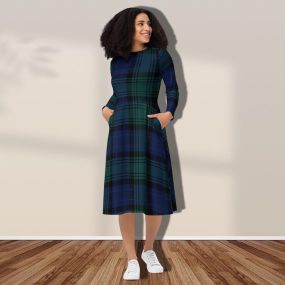 Black Watch Plaid Midi Dress: Long Sleeve Fit & Flare with Pockets