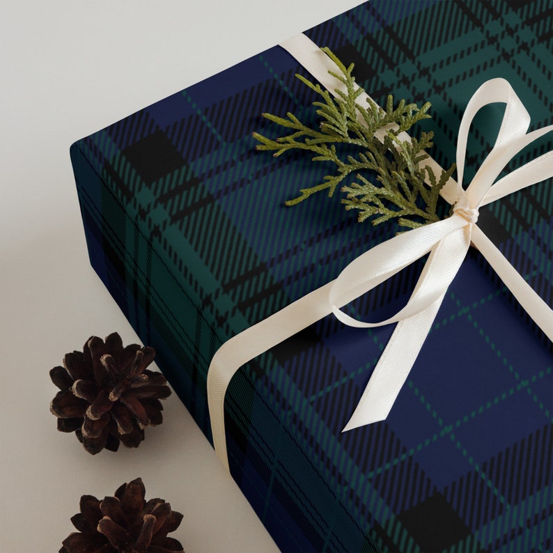 Wrapping paper sheets in black watch pattern.