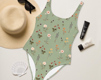 Botanical One Piece Swimsuit: Cottagecore Strawberry Mushroom Print