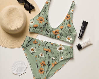Sage Green High Waisted Bikini: Bohemian Meadow Flower Swimwear