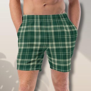 Groene geruite zwembroek: gerecycled polyester, SPF 50+, Schotse stijl