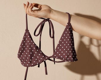 Polka Dot String Bikini Top: Auburn Brown, Adjustable Swim Separates