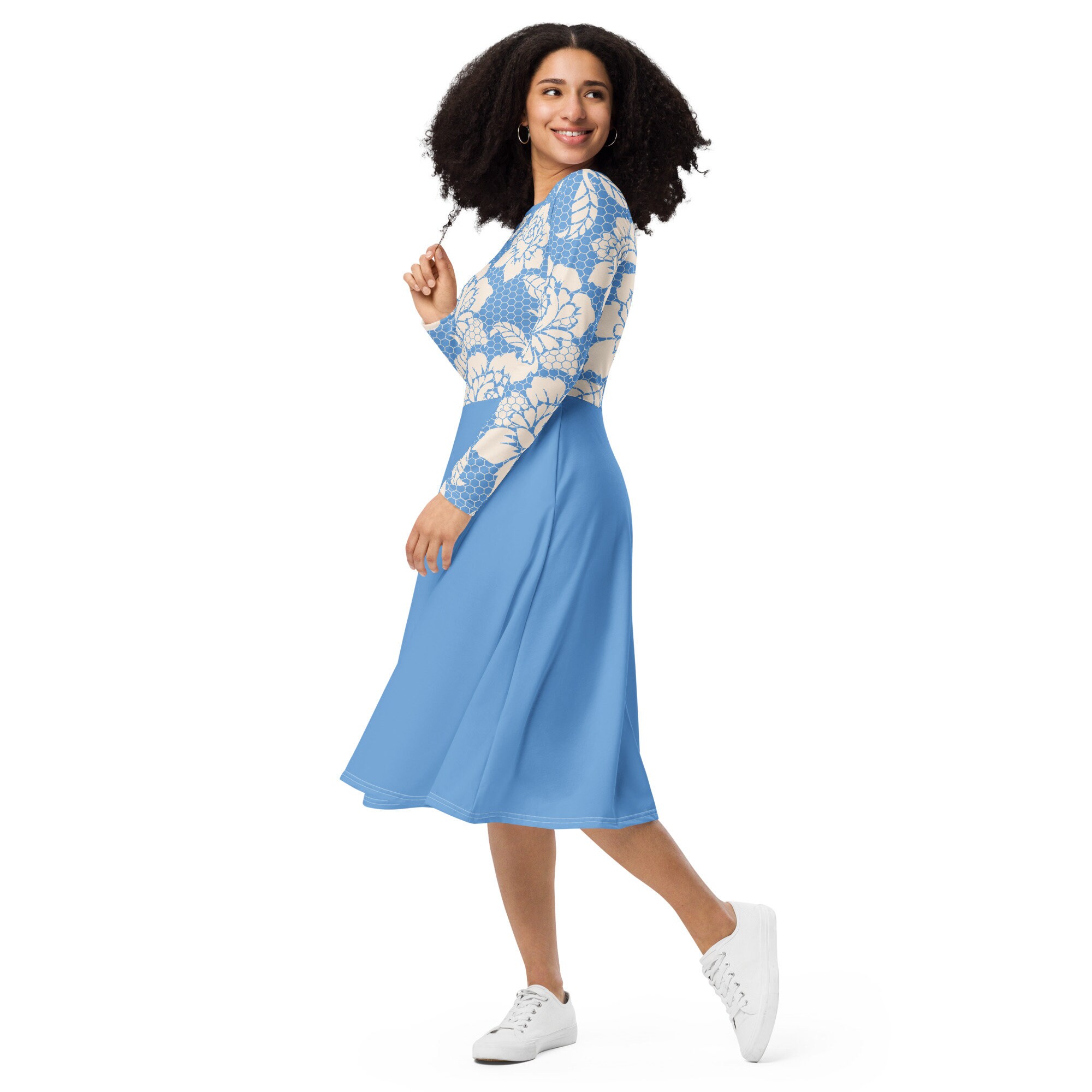 Ice Blue Romantic Dress Ice Blue Long Sleeve Midi Dress With Ivory Lace Pattern Floral Dress Bridesmaid Dress Casual Wedding Guest Etsy Canada