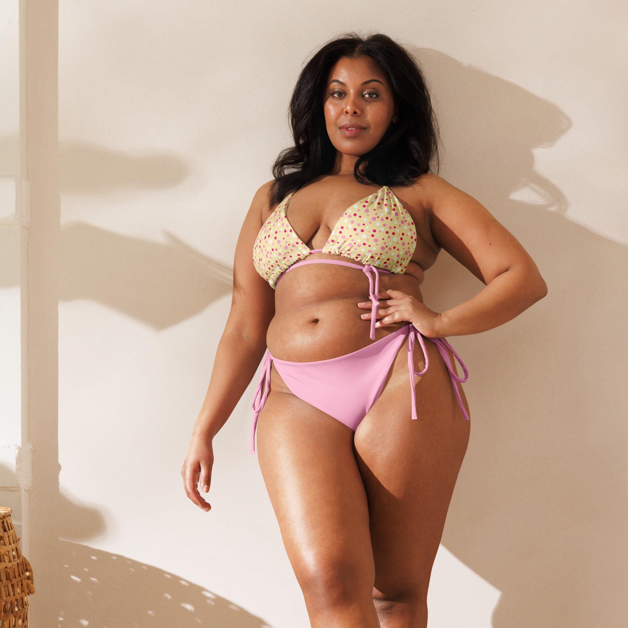 Pink Bikini With Butter Yellow Details - Pink String Bikini Set With Buttermilk Yellow And Polka Dots - Polka Dot Bikini Set - Trendy Bikini