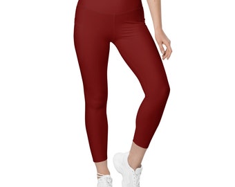 CHERRY RED LEGGINGS - Dark Red High Waisted Leggings With Pockets - Pocket Leggings - Plus Size Leggings - Cherry Red Gym Outfit - Workout