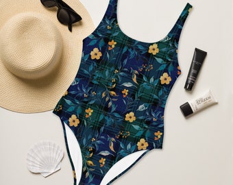 PLAID FLORAL SWIMSUIT - One Piece Swimsuit In Black Watch Plaid With Watercolor Flowers - Blue Plaid Swimsuit - Green Plaid Swimsuit - Swim