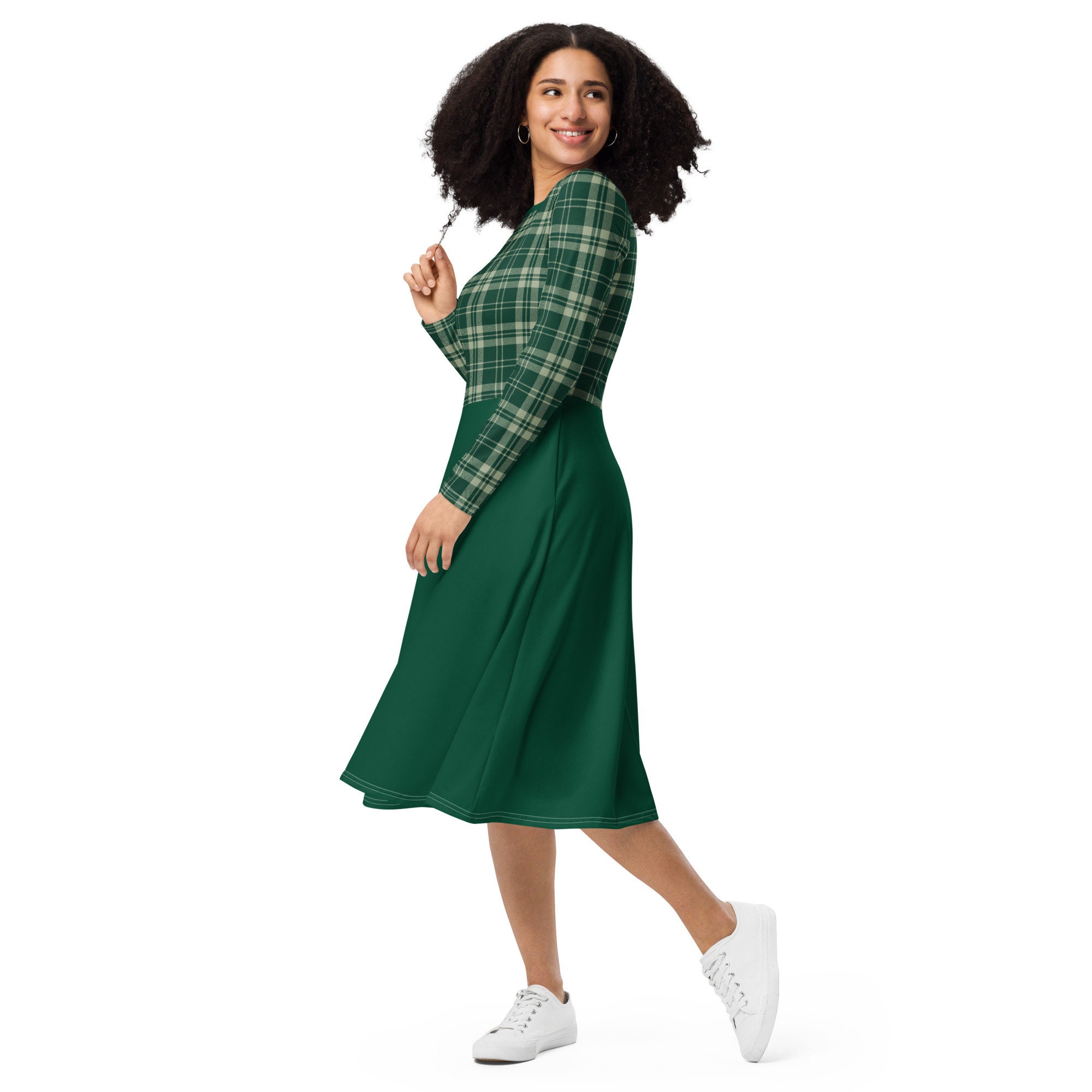Green Plaid Midi Dress: Long Sleeve British Racing Green Gingham